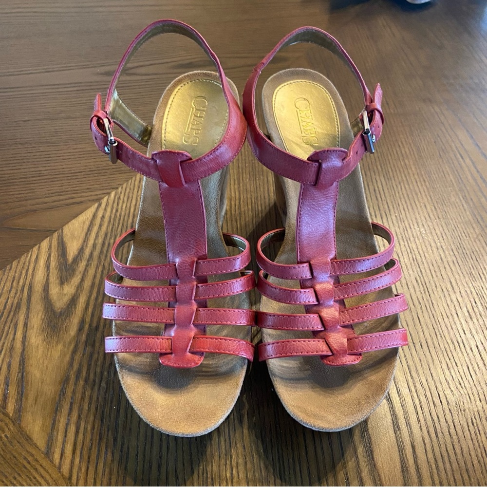 Chaps Wedge Sandals Women’s Size 7.5B Jaycie Red Faux Leather Buckle Cork